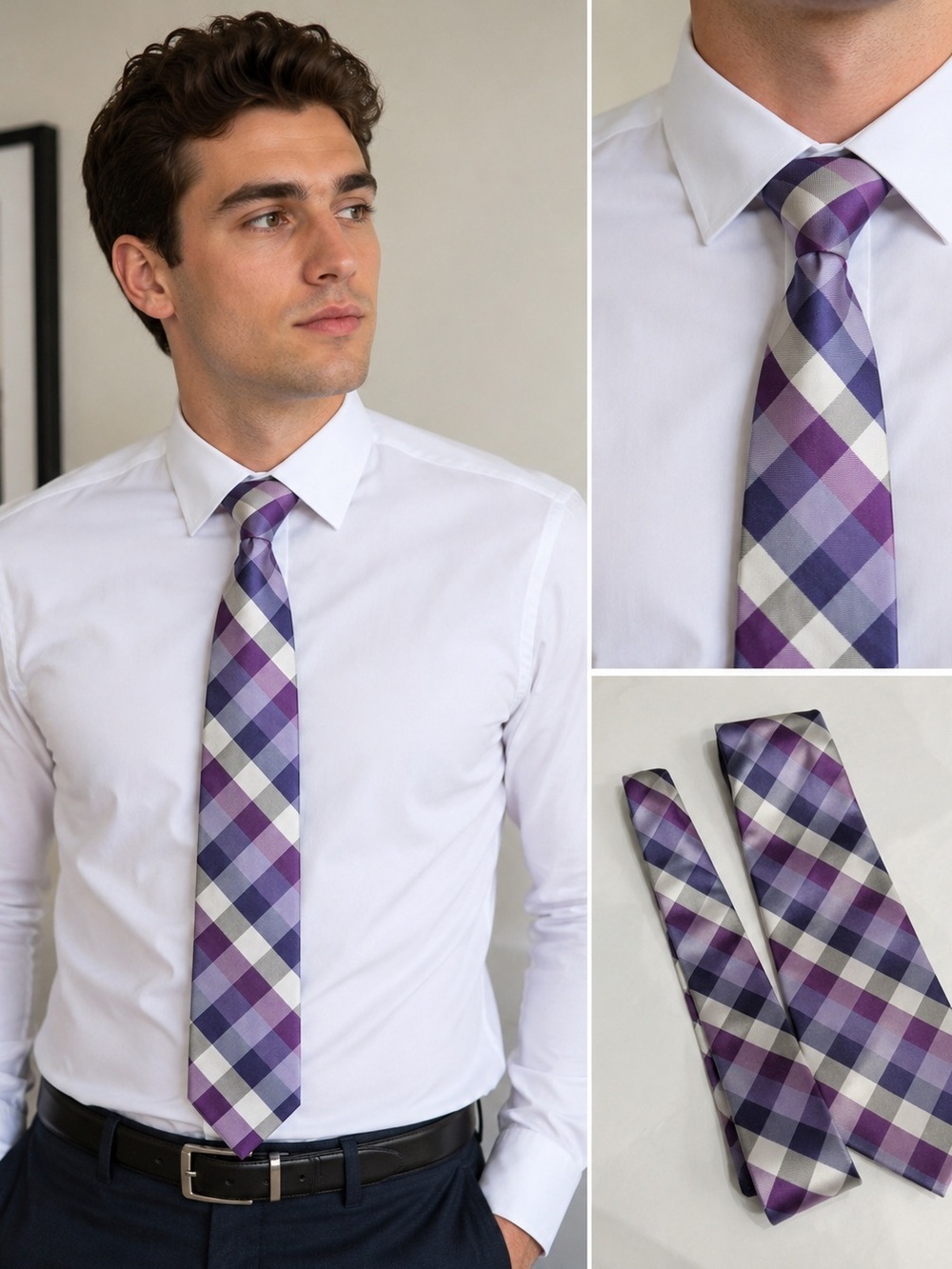 Calvin Klein Purple Plaid Silk Tie Men’s Necktie Lavender Gray Geometric Check